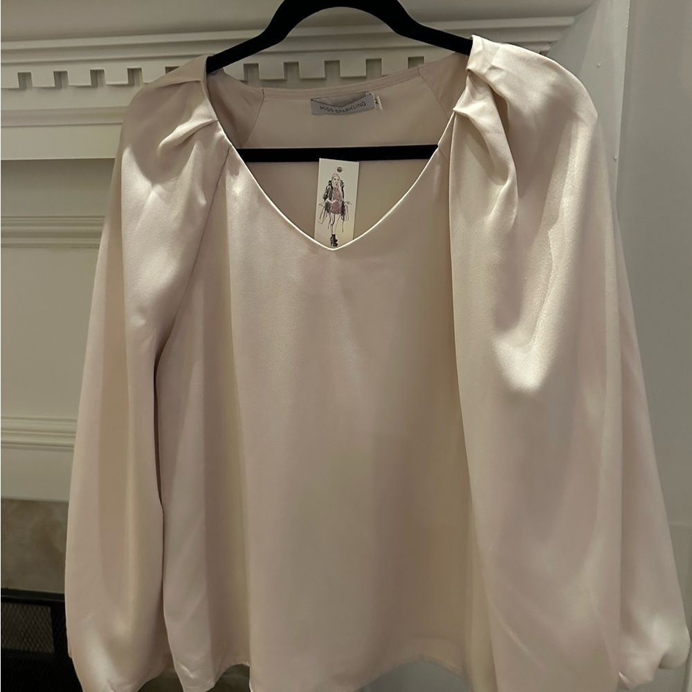 Elegant Blush V-Neck Satin Blouse with Gathered Shoulder Detail